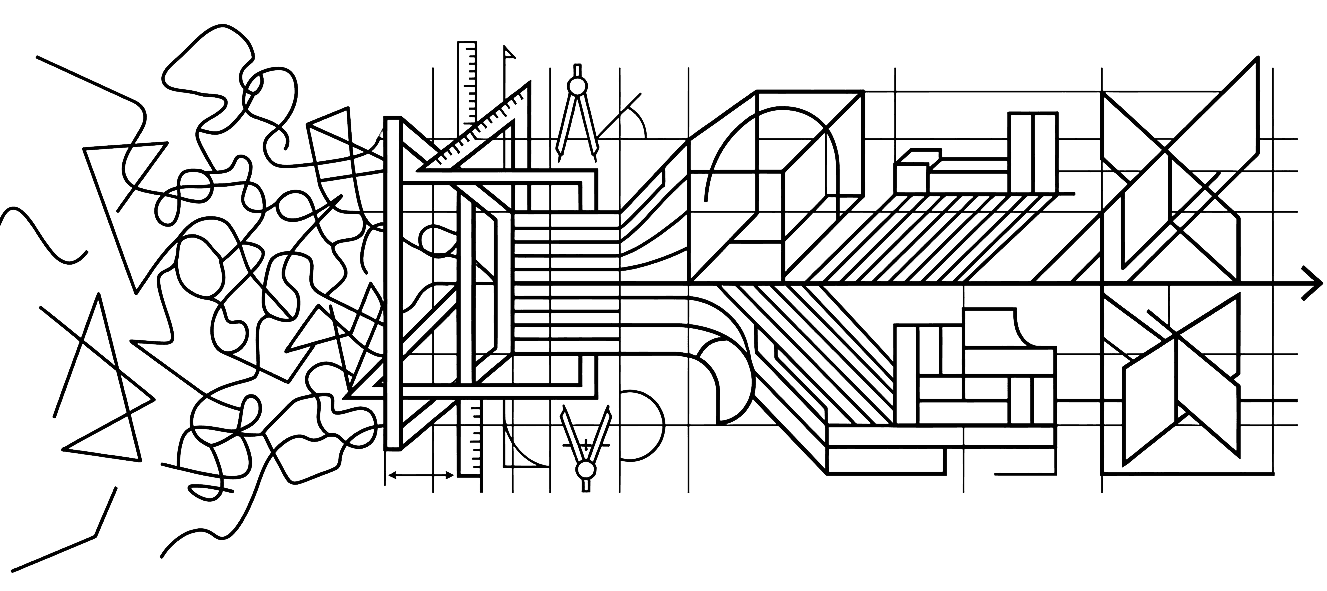 Abstrakcyjna ilustracja: od splątanych linii po uporządkowaną geometrię, z motywami projektowymi pośrodku.